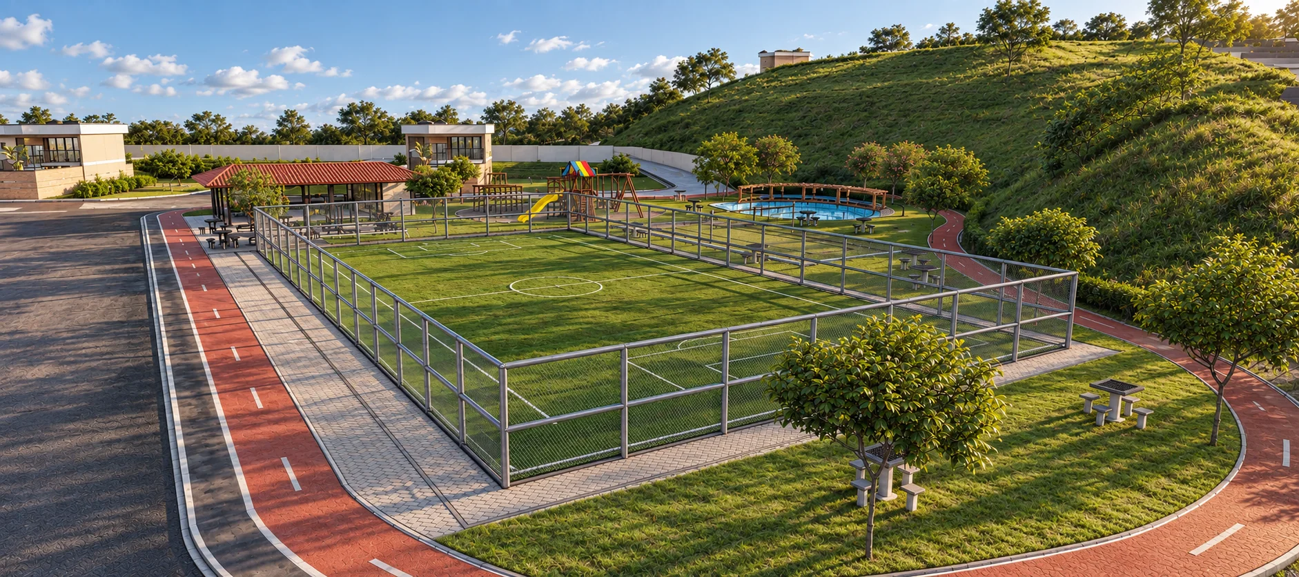 Campo de futebol cercado, pista de caminhada e playground ao lado do morro