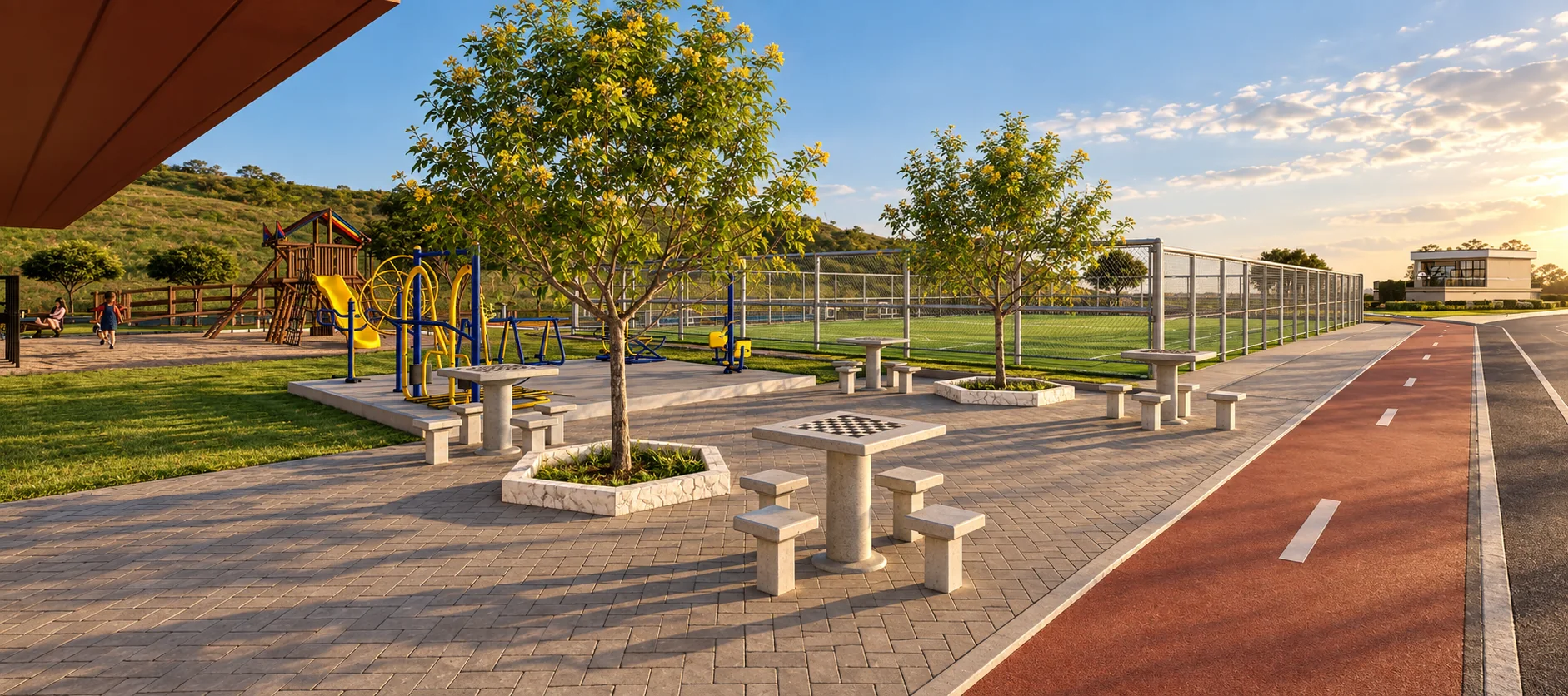 Praça com mesas de jogos, árvores, academia ao ar livre e playground