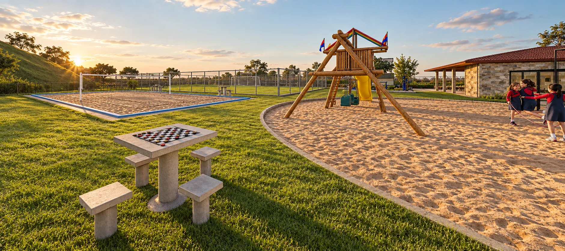 Praça com mesa de damas, playground de madeira e quadra de areia ao pôr do sol